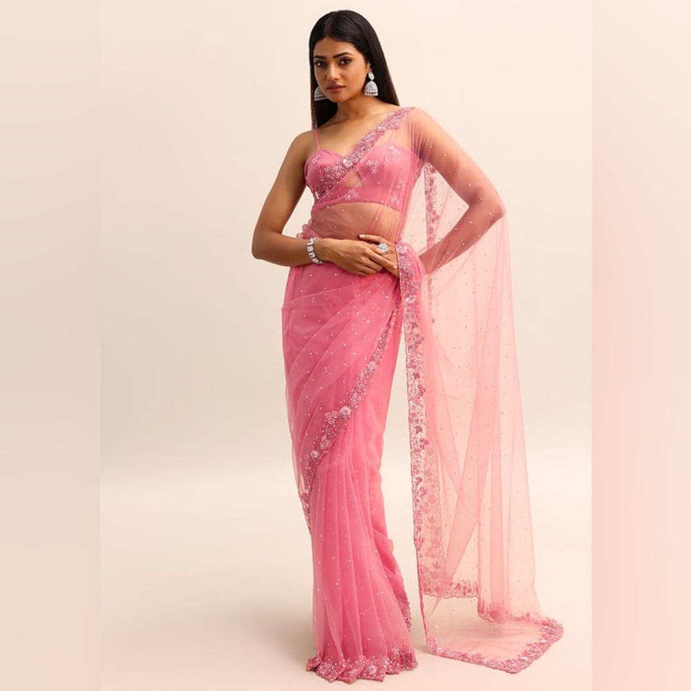Pink Net Embroidered Saree With Sequin Work